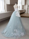 Blue Tulle Lace Applique A-Line Prom Dress