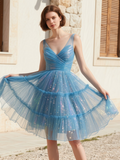 Tulle Short Mini Ruffles V Neck Homecoming Dress