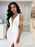 Trumpet Mermaid Satin V Neck Wedding Dress WIth Slit