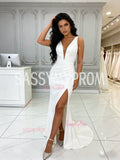 Trumpet Mermaid Satin V Neck Wedding Dress WIth Slit