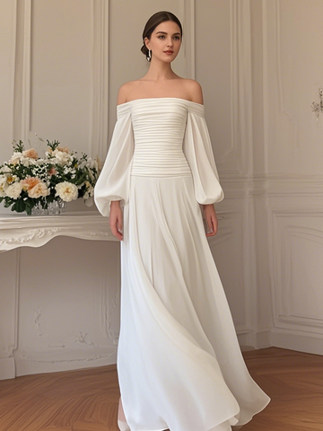 Pleats Off The Shoulder White Long Sleeve Chiffon Wedding Dress