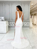 Trumpet Mermaid Satin V Neck Wedding Dress WIth Slit