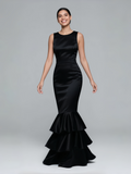 Trumpet Mermaid Ruffles Black Scoop Satin Prom Dress