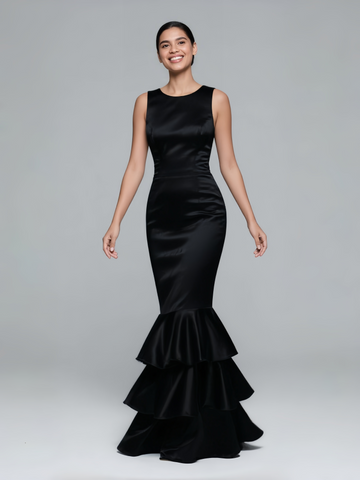 Trumpet Mermaid Ruffles Black Scoop Satin Prom Dress