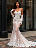 Champagne Trumpet Mermaid Sweetheart  Lace Appliques Wedding Dress