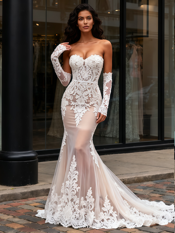 Champagne Trumpet Mermaid Sweetheart  Lace Appliques Wedding Dress