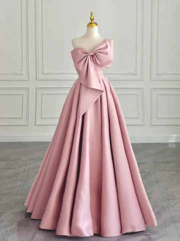 Sweetheart Bow Satin Pink A Line  Prom Dress