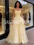Tulle A Line Beading Yellow Spaghetti Straps Prom Dress