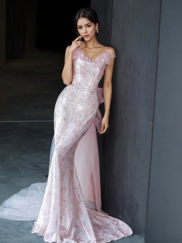 Trumpet Mermaid Sequin Pink Flower Prom Dress