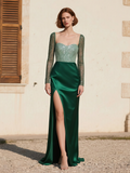Sequin Sheath Column Green Long Sleeve Prom Dress With Slit