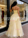 Tulle A Line Beading Yellow Spaghetti Straps Prom Dress