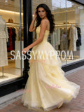 Tulle A Line Beading Yellow Spaghetti Straps Prom Dress