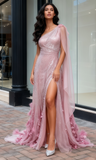 A Line Feather Pink One Shoulder Shawl Prom Dress With Slit