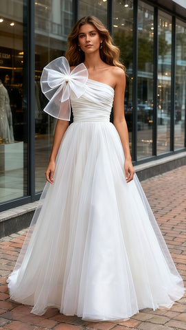 A Line Bow Chiffon One Shoulder Wedding Dress