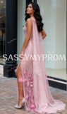 A Line Feather Pink One Shoulder Shawl Prom Dress With Slit