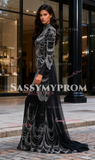 Trumpet Mermaid Long Sleeves Black High Neck Tulle Prom Dress
