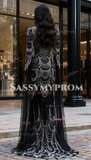 Trumpet Mermaid Long Sleeves Black High Neck Tulle Prom Dress
