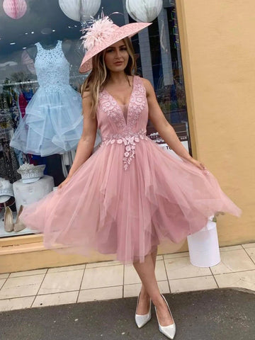 Pink V Neck Tulle Appliques Homecoming Dress