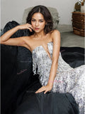 Sequin Strapless Silver Sheath Column Prom Dress With Slit