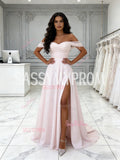 Tulle Ruched Pink Off The Shoulder Wedding Dress With Slit