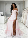 Tulle Ruched Pink Off The Shoulder Wedding Dress With Slit
