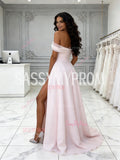 Tulle Ruched Pink Off The Shoulder Wedding Dress With Slit