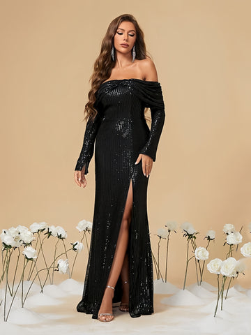 Ruched Black Long Sleeve Sequin Prom Dress With Slit