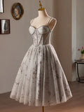 Tulle Sequin Gray A-Line Sweetheart Homecoming Dress