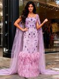 Trumpet Mermaid Feather Beading Lavender Cape Prom Dress