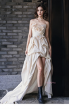 Flower High Low Champagne Satin Sweetheart Wedding Dress