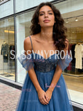 A Line Spaghetti Straps Tulle Beading Blue Prom Dress