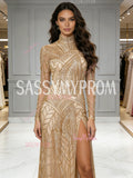 Long Sleeve Gold Sequin Tulle High Neck Prom Dress With Slit