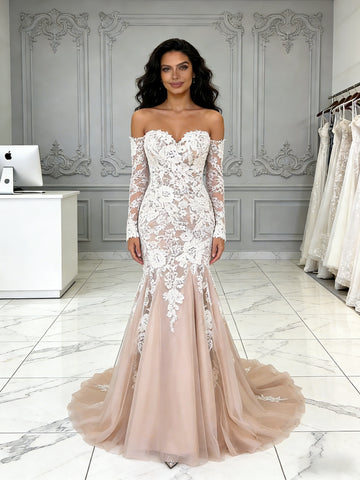 Long Sleeve Trumpet Mermaid Champagne Tulle Wedding Dress