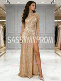 Long Sleeve Gold Sequin Tulle High Neck Prom Dress With Slit