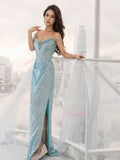 Light Blue Off The Shoulder Trumpet Mermaid Sequin Prom Dress