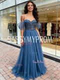 A Line Spaghetti Straps Tulle Beading Blue Prom Dress