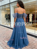 A Line Spaghetti Straps Tulle Beading Blue Prom Dress
