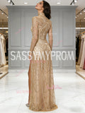 Long Sleeve Gold Sequin Tulle High Neck Prom Dress With Slit
