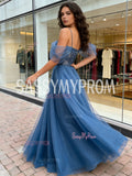 A Line Spaghetti Straps Tulle Beading Blue Prom Dress