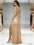 Long Sleeve Gold Sequin Tulle High Neck Prom Dress With Slit