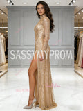Long Sleeve Gold Sequin Tulle High Neck Prom Dress With Slit