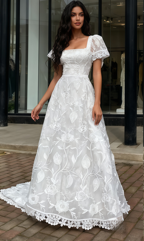 Cap Sleeves Square A Line Lace White Wedding Dress