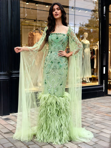 Sheath Column Tulle Feather Cape Green Beading Prom Dress