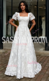 Cap Sleeves Square A Line Lace White Wedding Dress