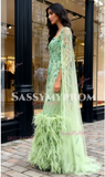 Sheath Column Tulle Feather Cape Green Beading Prom Dress