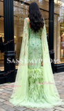 Sheath Column Tulle Feather Cape Green Beading Prom Dress