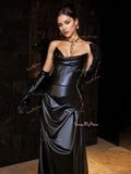 Trumpet Mermaid Black Satin Drape Floor Length Prom Dress