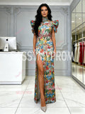 Puffy Sleeves Lace Trumpet Mermaid Floral High Neck Prom Dress With Slit