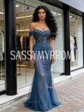 Beading Tulle Trumpet Mermaid Off The Shoulder Prom Dress