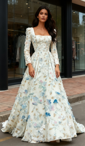 Square A Line Floral White Long Sleeve Prom Dress